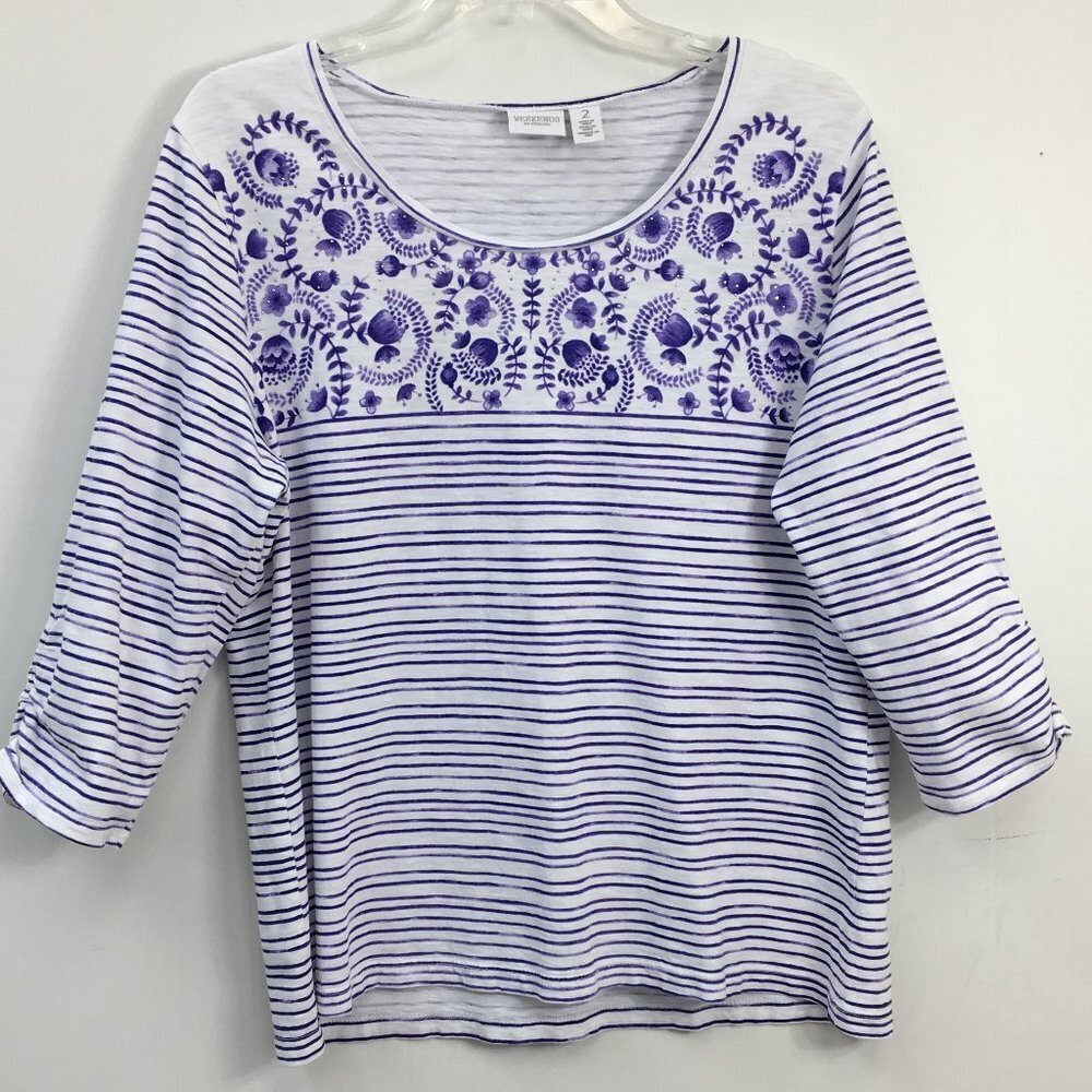 Weekends By Chico's Long Sleeve Strip and Floral Purple and White Top Size